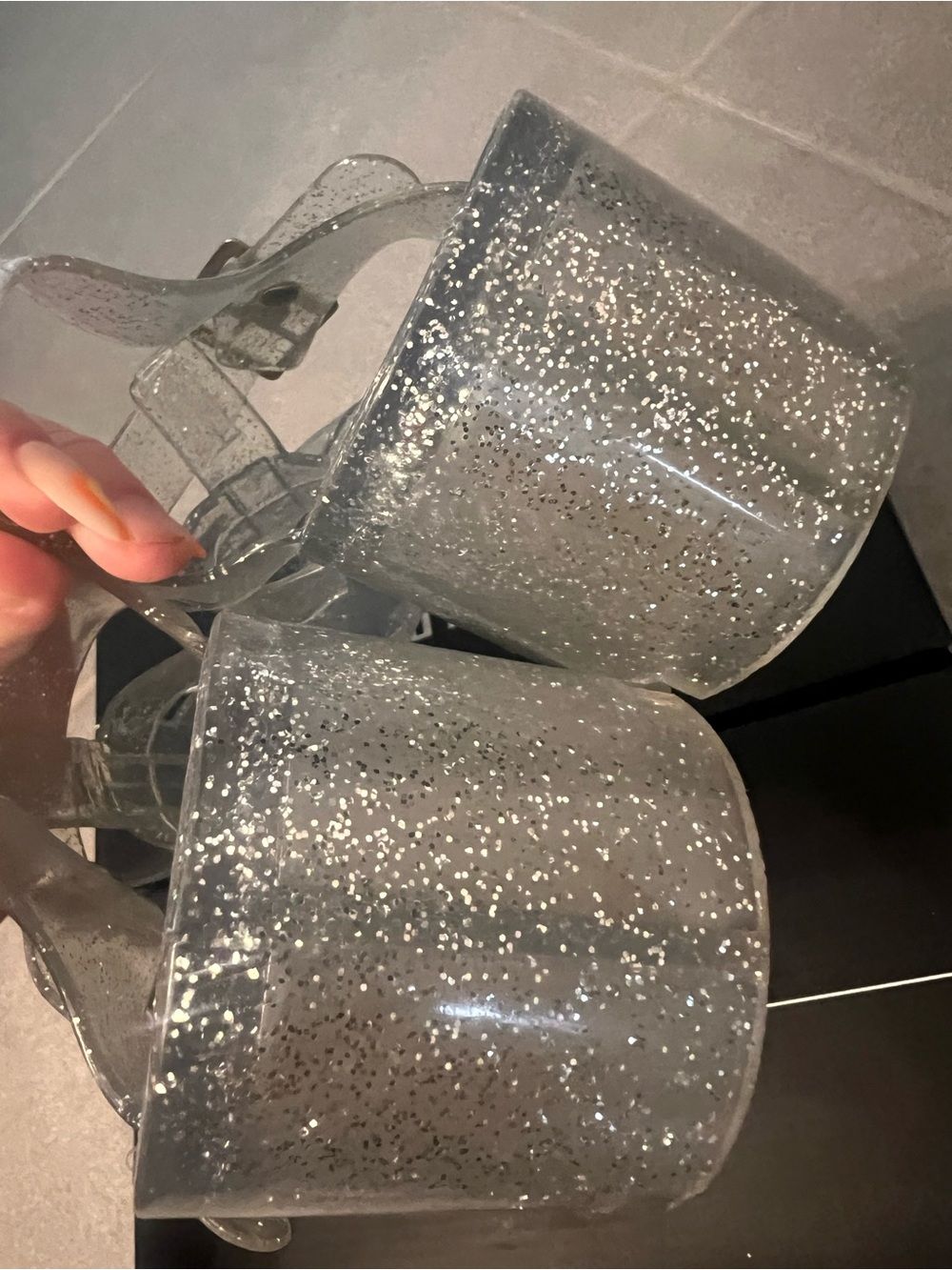 Clear Silver Glitter Jelly Heeled Sandals - Y2K Platform Chunky Sparkle Sandals - Picture 10 of 16